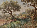peinture représentant un paysage avec des arbres et un chemin de terre au premier plan