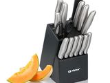 a picture of a knife set with a slice of melon next to it