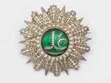 une image représentant une broche verte et blanche sur laquelle figure un numéro