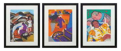 trois tableaux encadrés représentant un homme et une femme, de couleurs différentes