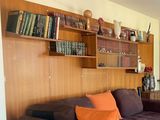 un salon avec un canapé, une table basse, une bibliothèque et des étagères