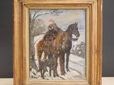 une image représentant un tableau où l'on voit deux chevaux et un chien dans la neige