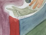 a watercolor painting of a hand holding a coin