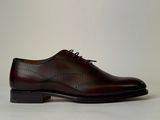 a close up of a pair of brown shoes on a white surface