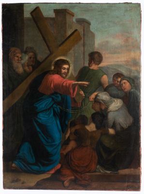 un tableau représentant Jésus portant la croix devant un groupe de personnes