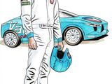 drawing of a man in a racing suit and helmet standing next to a sports car