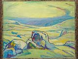 une peinture à l'huile représentant un paysage de montagne avec des rochers au premier plan