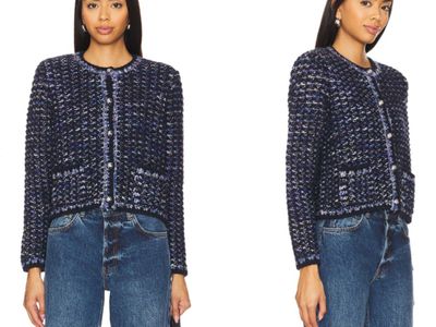 two photos of a woman wearing a blue jacket and jeans