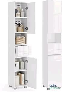 tall white cabinet with doors open and shelves filled with various items