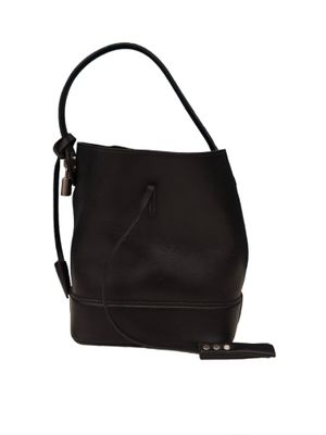 black leather handbag with strap on a white background