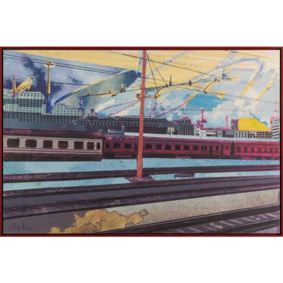 une photo d'un tableau représentant un train sur les rails