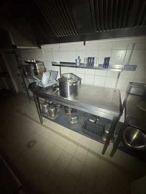 dimly lit kitchen with pots and pans on the counter