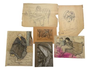 several drawings of people sitting on a bench in front of a white background