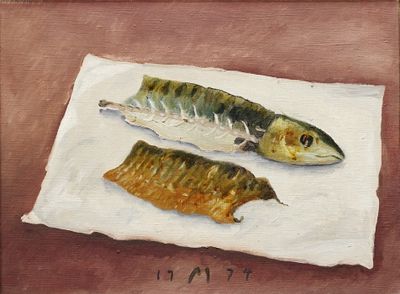 peinture représentant deux sardines sur une feuille de papier posée sur une table