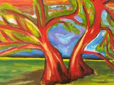 painting of a red tree in a field with a blue sky in the background