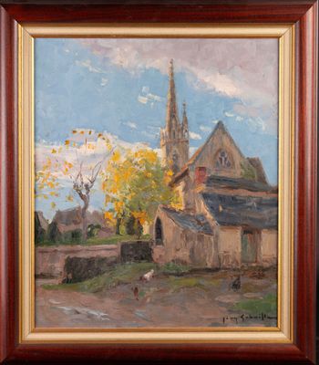 une peinture à l'huile représentant une église dans un cadre champêtre