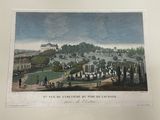 un vieux tableau représentant une vue d'un parc avec une fontaine