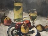 a painting of a plate of fruit and a bottle of wine on a table