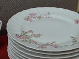 a stack of plates on a table with a red table cloth