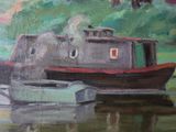 a painting of a boat that is sitting on the water