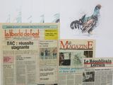 several newspapers are displayed on a wall in a room