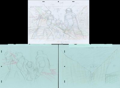 two drawings of a man and a woman on a bridge