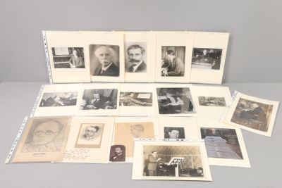 an assortment of old photographs of men and women are displayed on a table