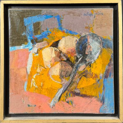 une peinture à l'huile représentant un bol de fruits et une cuillère posés sur une table