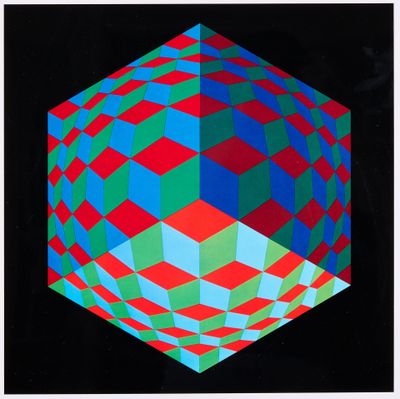 une image représentant un cube orné d'un motif rouge, bleu et vert