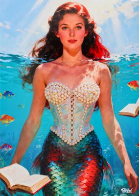 an image of a painting of a mermaid with a book in her hand
