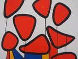a picture of a painting of red and blue flowers