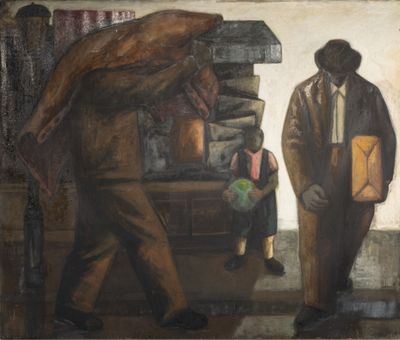 a painting of a man and a woman walking down the street