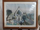 une photo d'un tableau représentant une église, dans un cadre