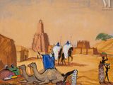 tableau représentant une scène de désert avec des chameaux, des personnages et des bâtiments