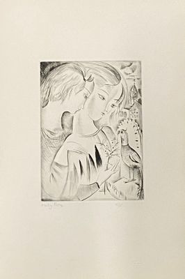 dessin au crayon représentant un garçon et une fille regardant un oiseau dans un arbre