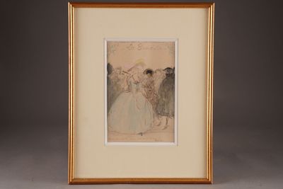 painting of a group of people standing in a line in front of a gray background