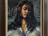 painting of a woman with a flower in her hair