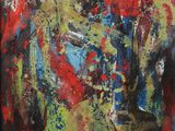 un tableau représentant un tableau rouge et bleu dans un cadre noir