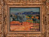 an oil painting of a landscape with olive trees and mountains in the background