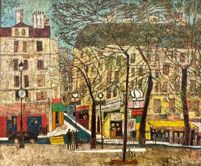 un tableau représentant une scène de rue avec une tour horloge