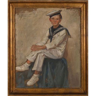 une peinture à l'huile représentant un garçon en tenue de marin, assis sur un tabouret