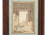 an old picture of a painting of a man and a woman in front of a building