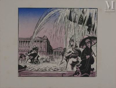 drawing of a fountain with people in it and a building in the background