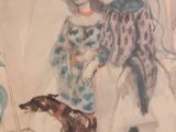 a painting of two people and a dog in a room