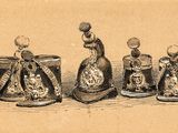 a drawing of a group of figurines sitting on a table