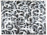 abstract black and white painting of circles and lines on a white background