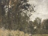 un tableau représentant une personne dans un champ, avec des arbres en arrière-plan