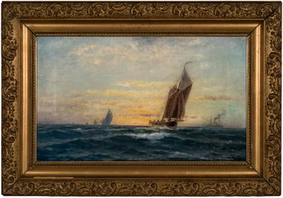 an oil painting of a sailboat in the ocean with a sunset in the background