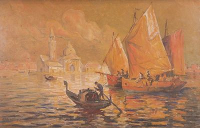 une peinture représentant quelques bateaux sur l'eau