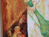 a painting of a man holding a green vase
